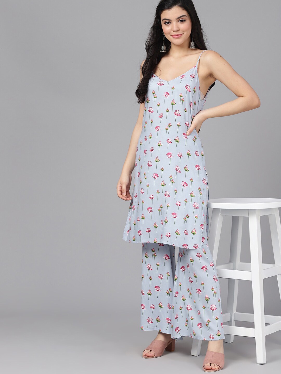 Blue Floral Print Kurta Palazzo