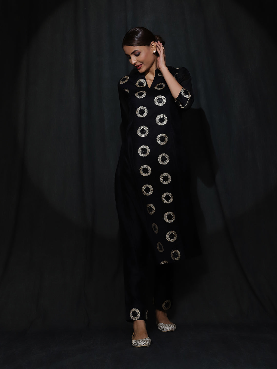 Black Woven Designed Kurta With Pant