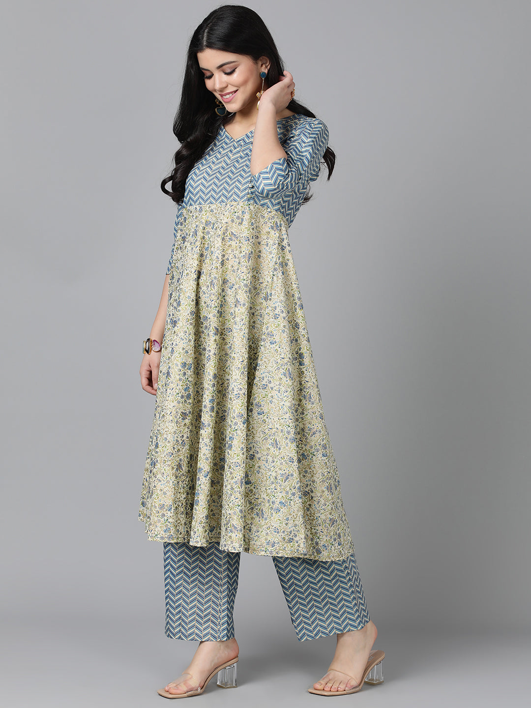 Grey Printed Kurta Palazzo With Dupatta