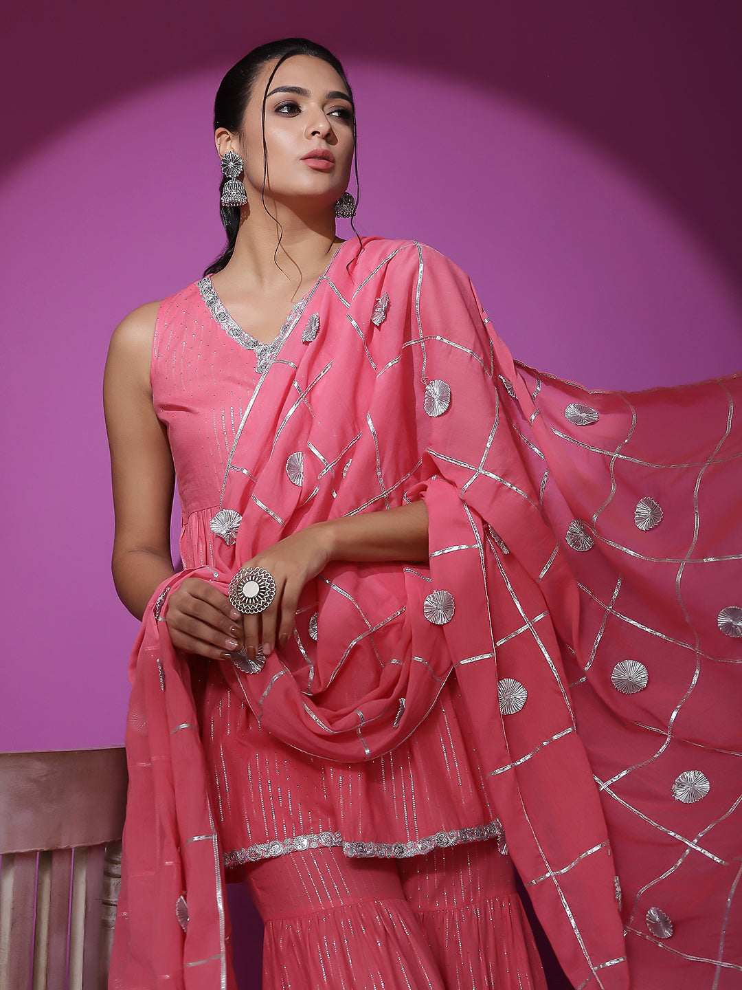 Pink Sequin Kurta Sharara With Dupatta