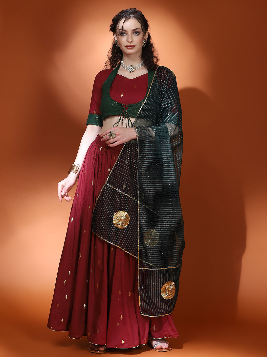 Maroon Woven Designed Lehenga Choli With Dupatta