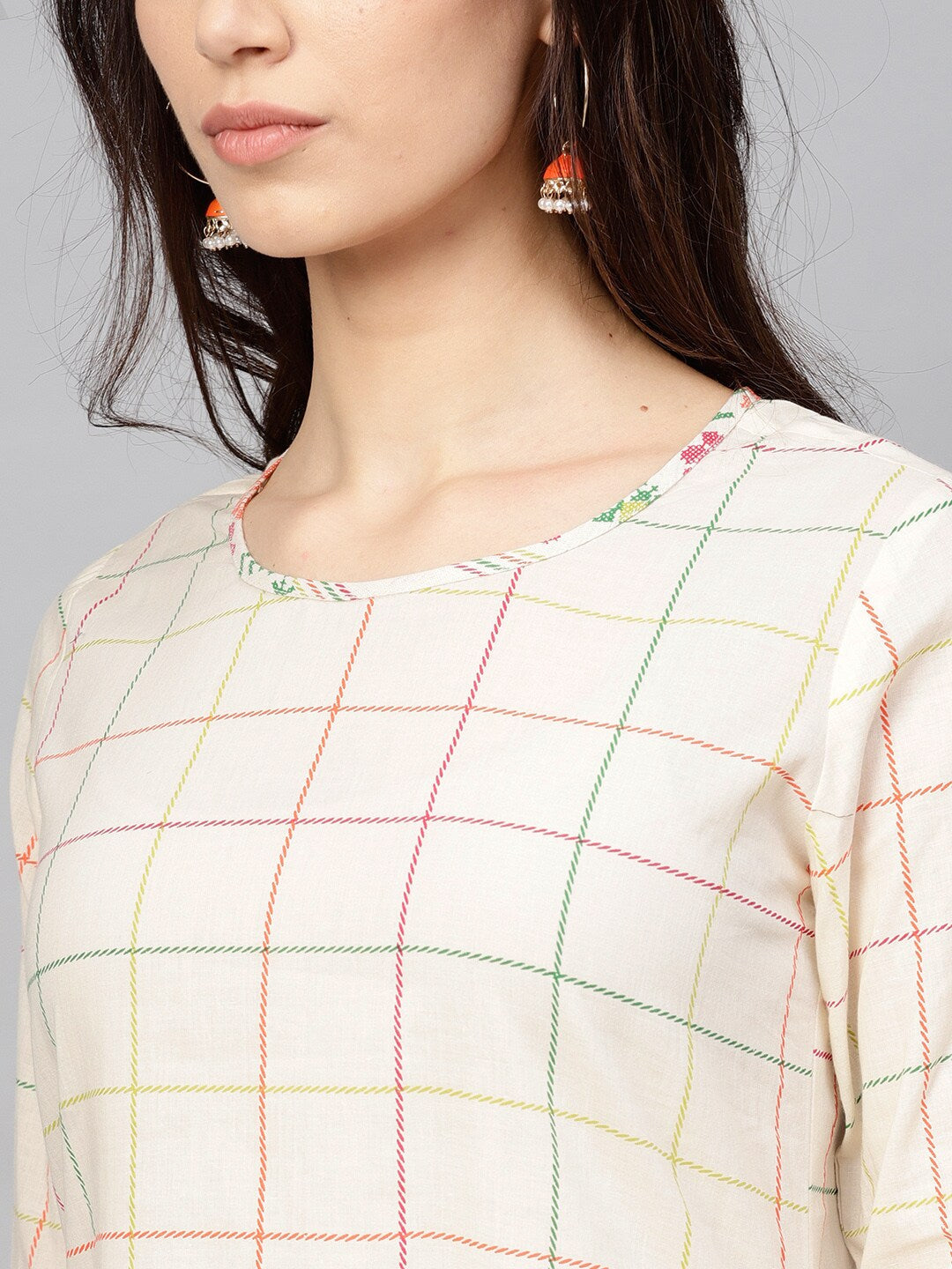 White Checked A-Line Kurta With Ruffle Sleeve