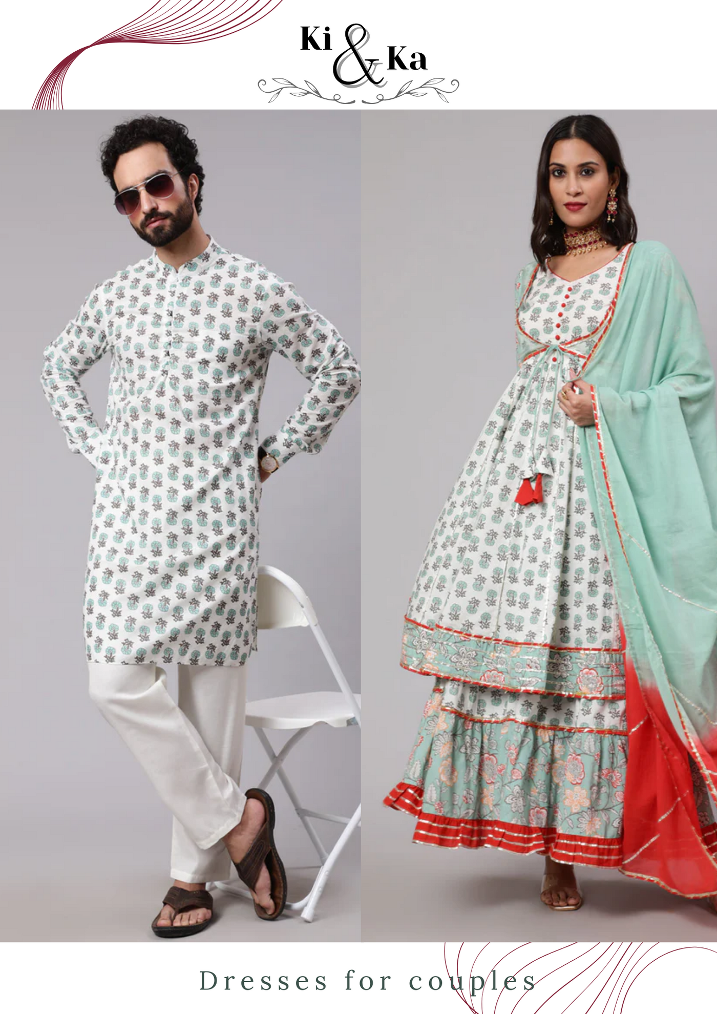 Couple Combo- Mint & White Kurta Anarkali Combo