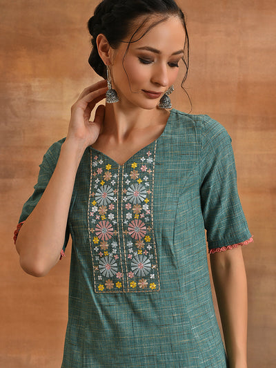 Green Embroidered A-line Kurta