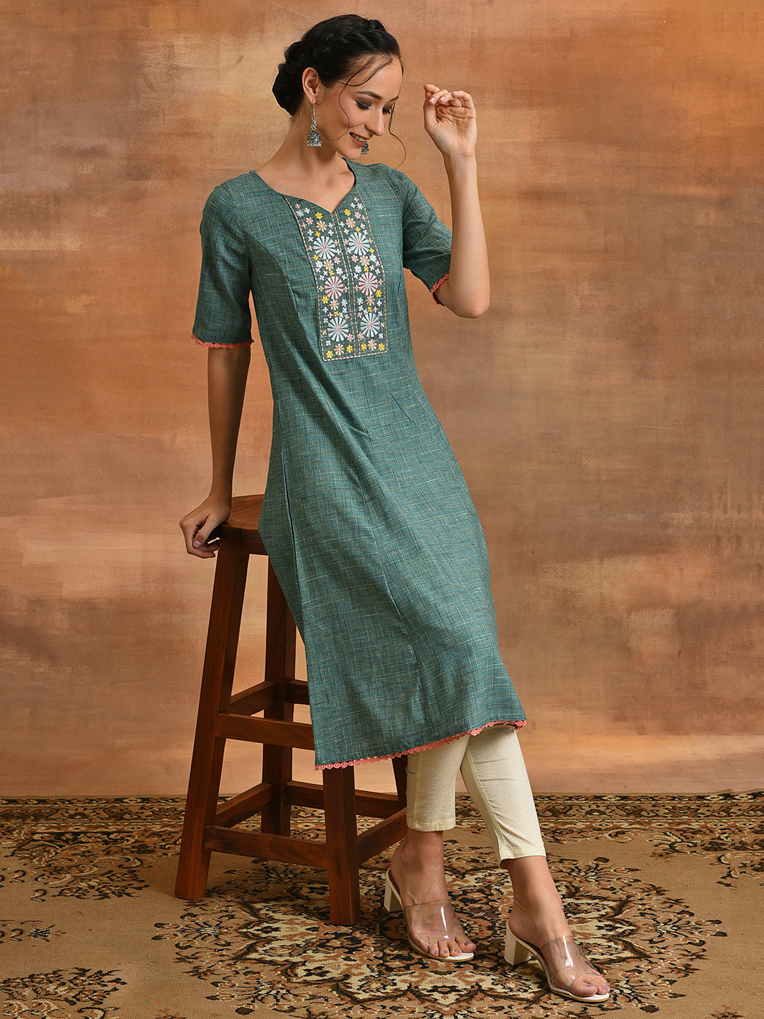 Green Embroidered A-line Kurta