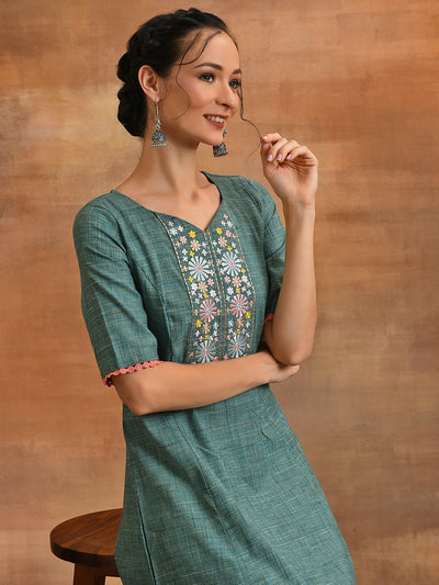 Green Embroidered A-line Kurta