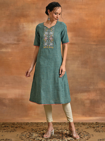 Green Embroidered A-line Kurta