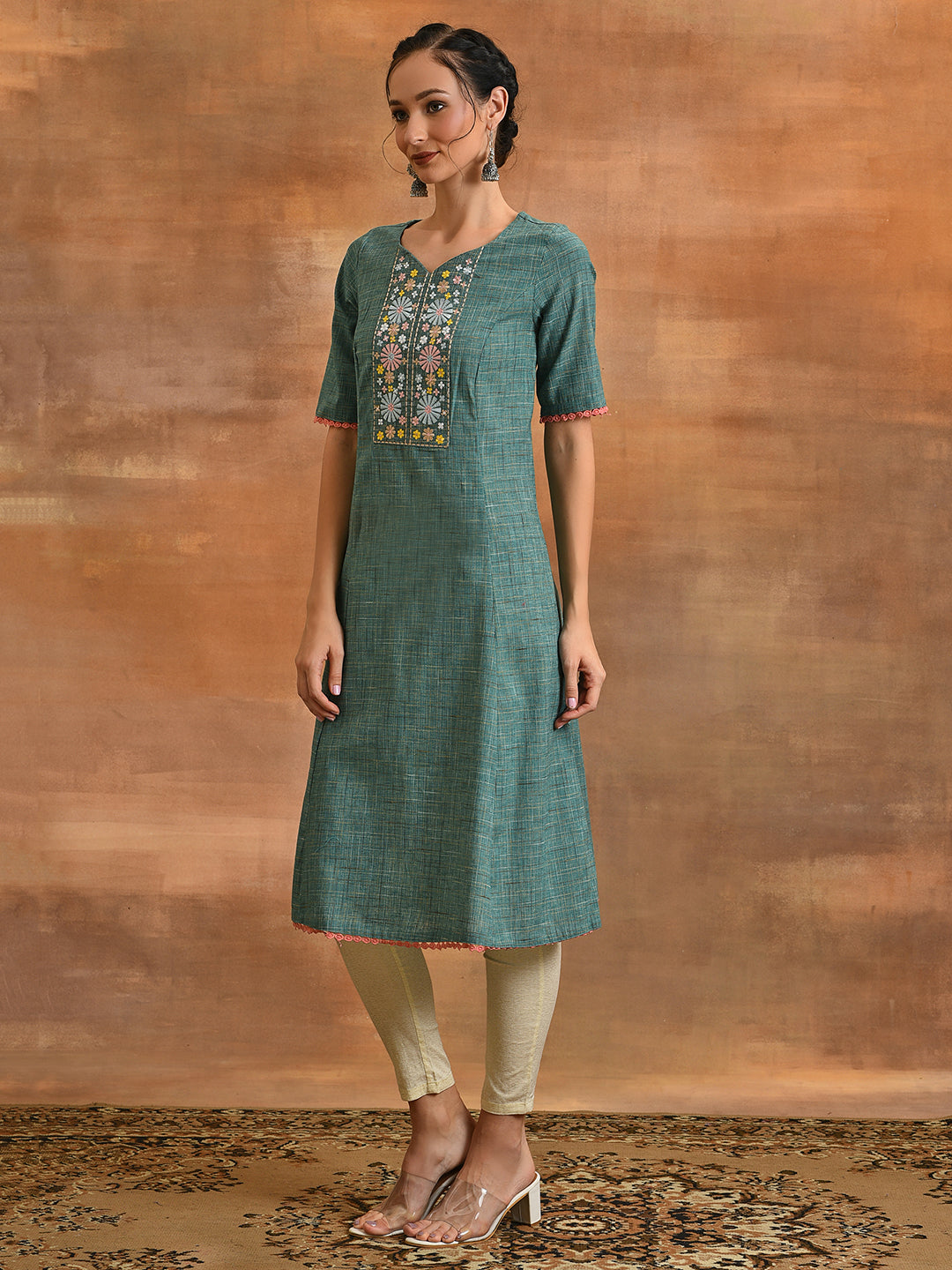 Green Embroidered A-line Kurta