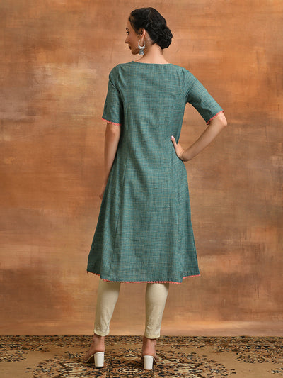 Green Embroidered A-line Kurta