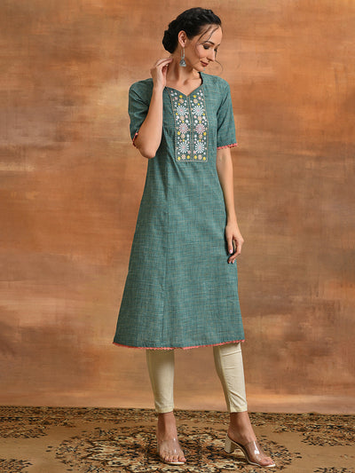 Green Embroidered A-line Kurta