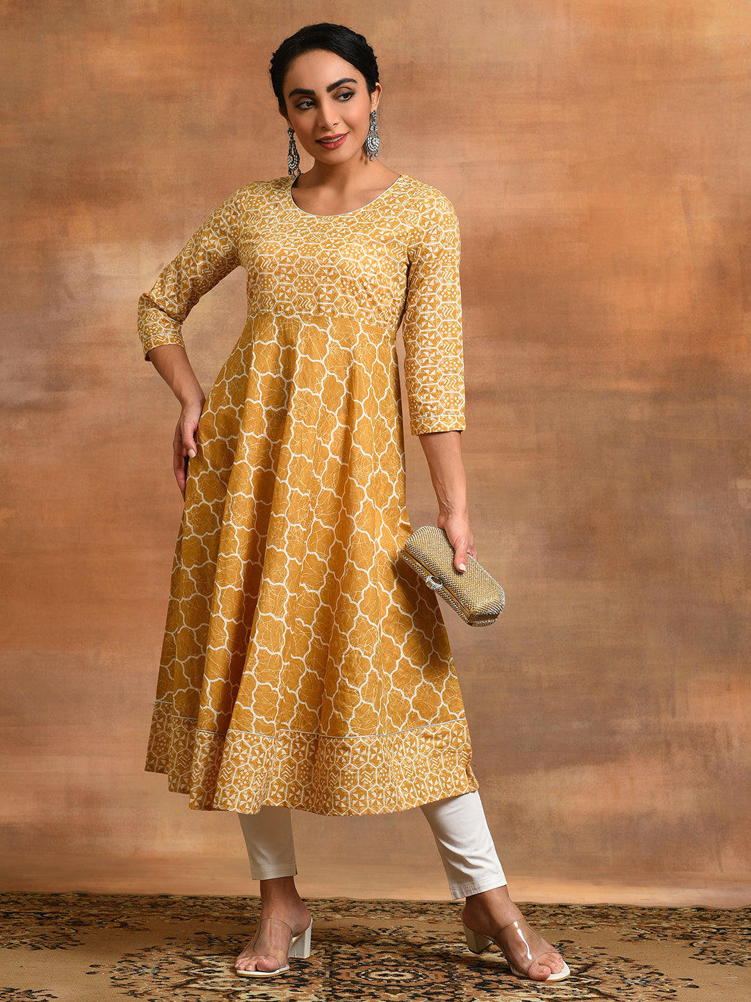 Desert Beige Ethnic Motif Cotton Lurex Anarkali