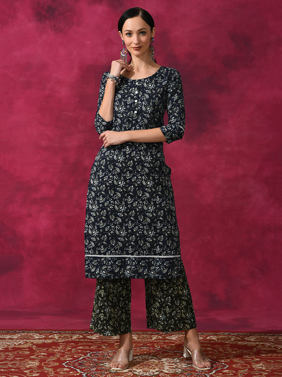 Navy Blue Kantha Work Kurta With Palazzo