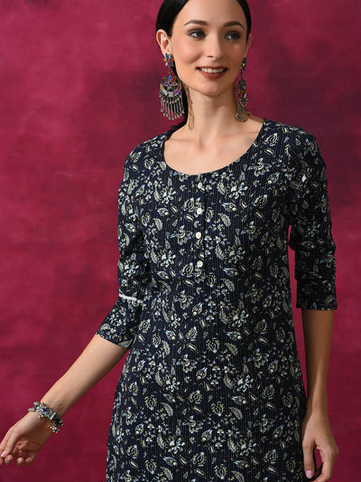 Navy Blue Kantha Work Kurta With Palazzo