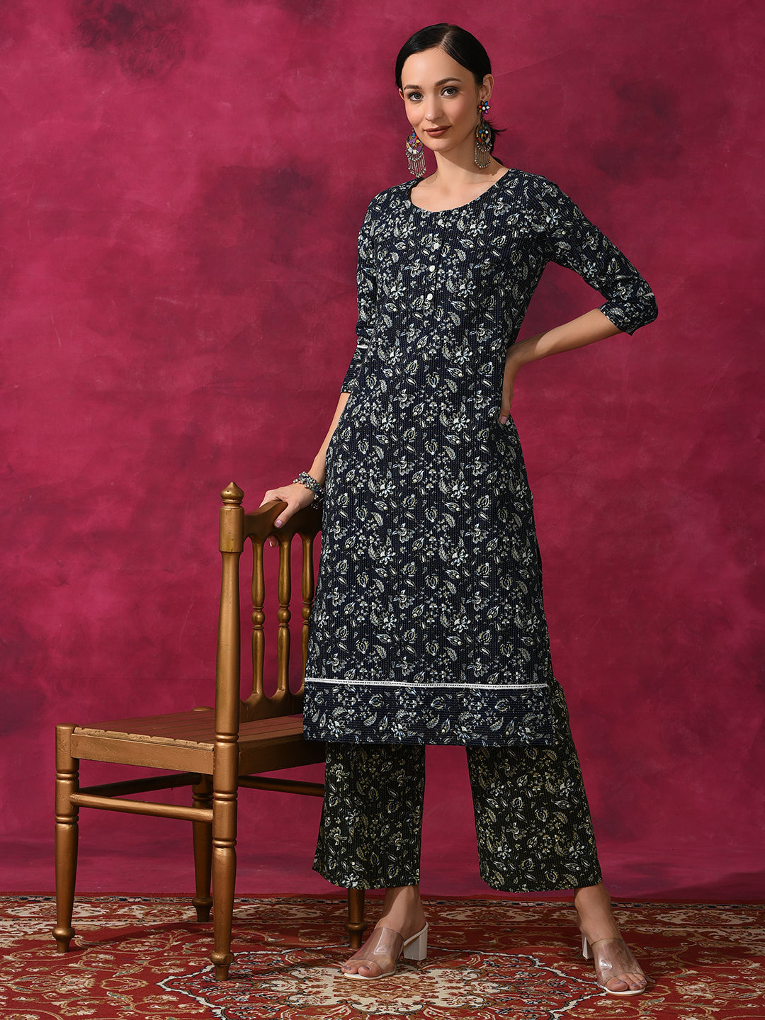 Navy Blue Kantha Work Kurta With Palazzo