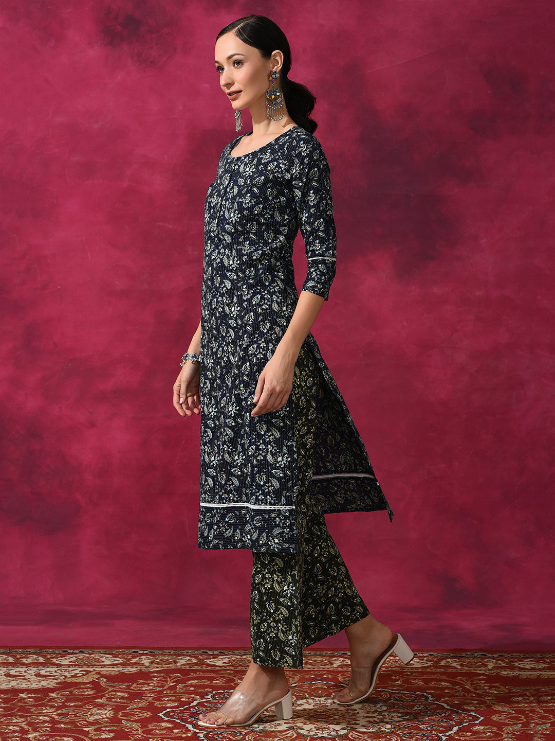 Navy Blue Kantha Work Kurta With Palazzo