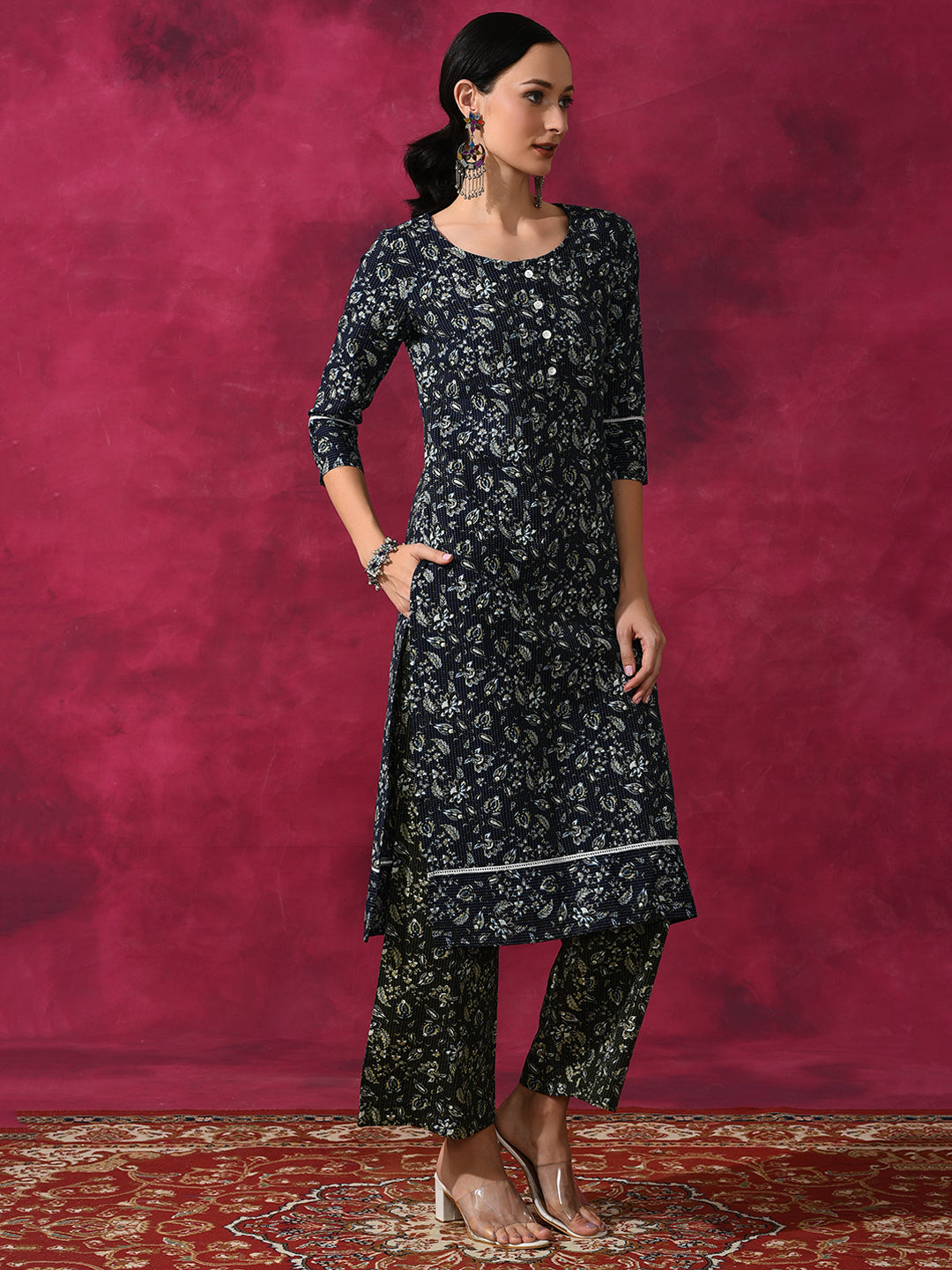 Navy Blue Kantha Work Kurta With Palazzo