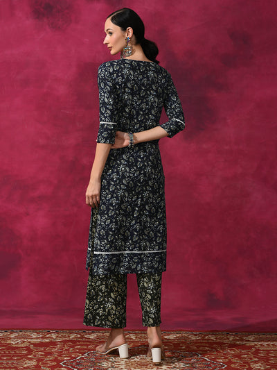 Navy Blue Kantha Work Kurta With Palazzo