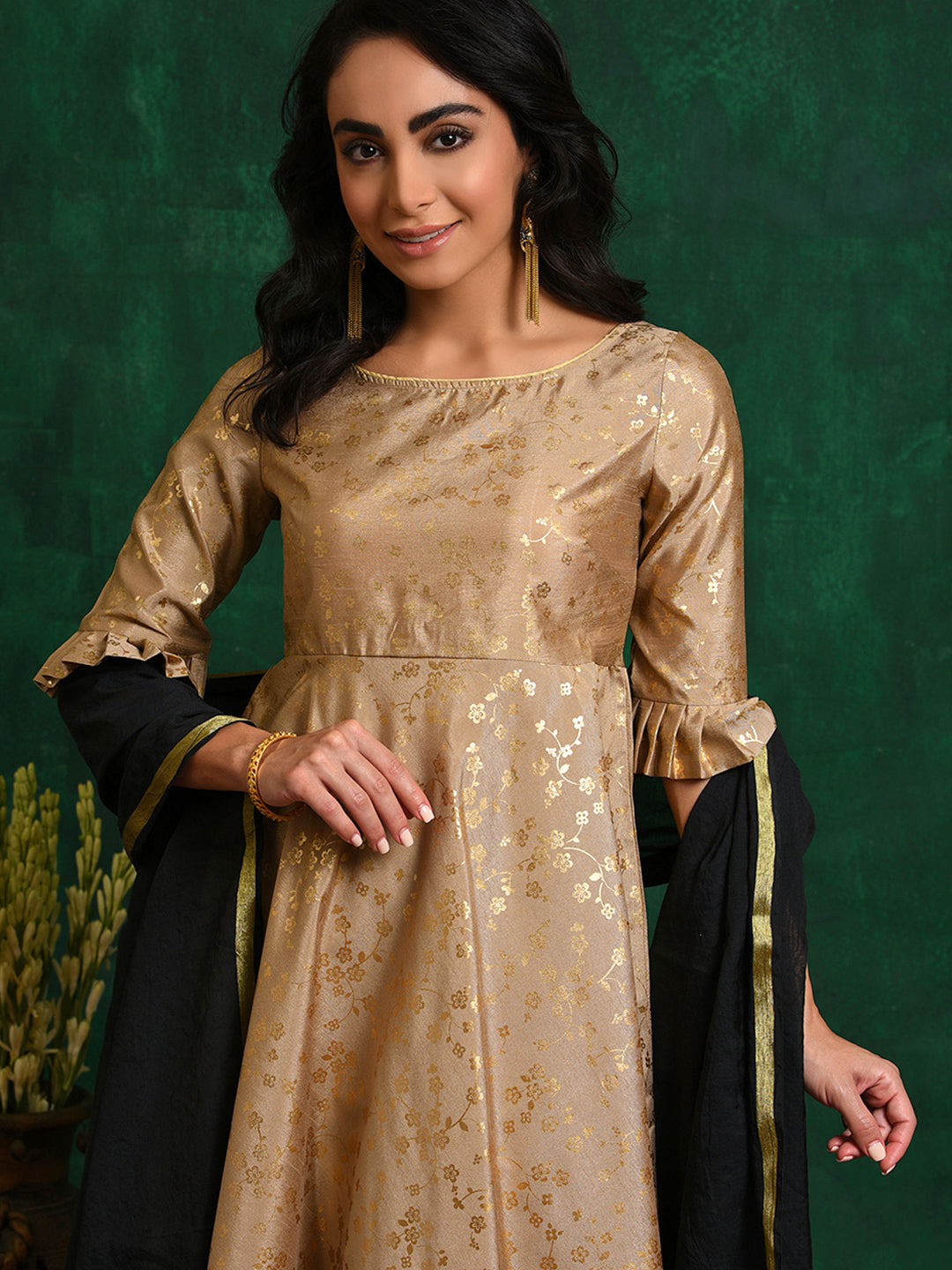 Gold Foil Printed Anarkali Pant With Dupatta