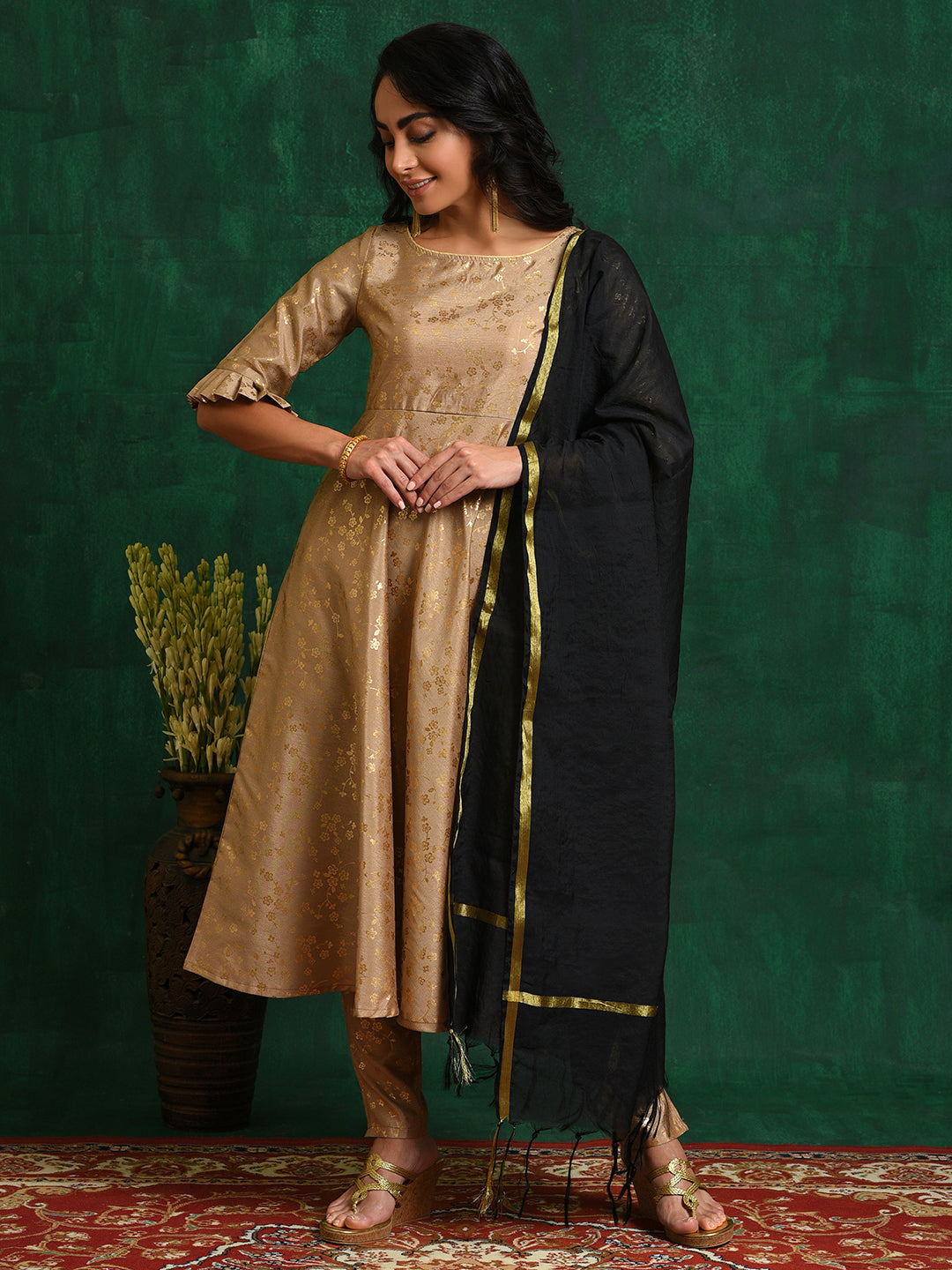 Gold Foil Printed Anarkali Pant With Dupatta