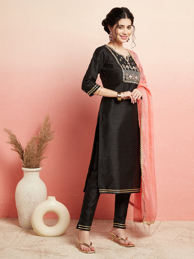 Black Embroidered Kurta Pant With Dupatta