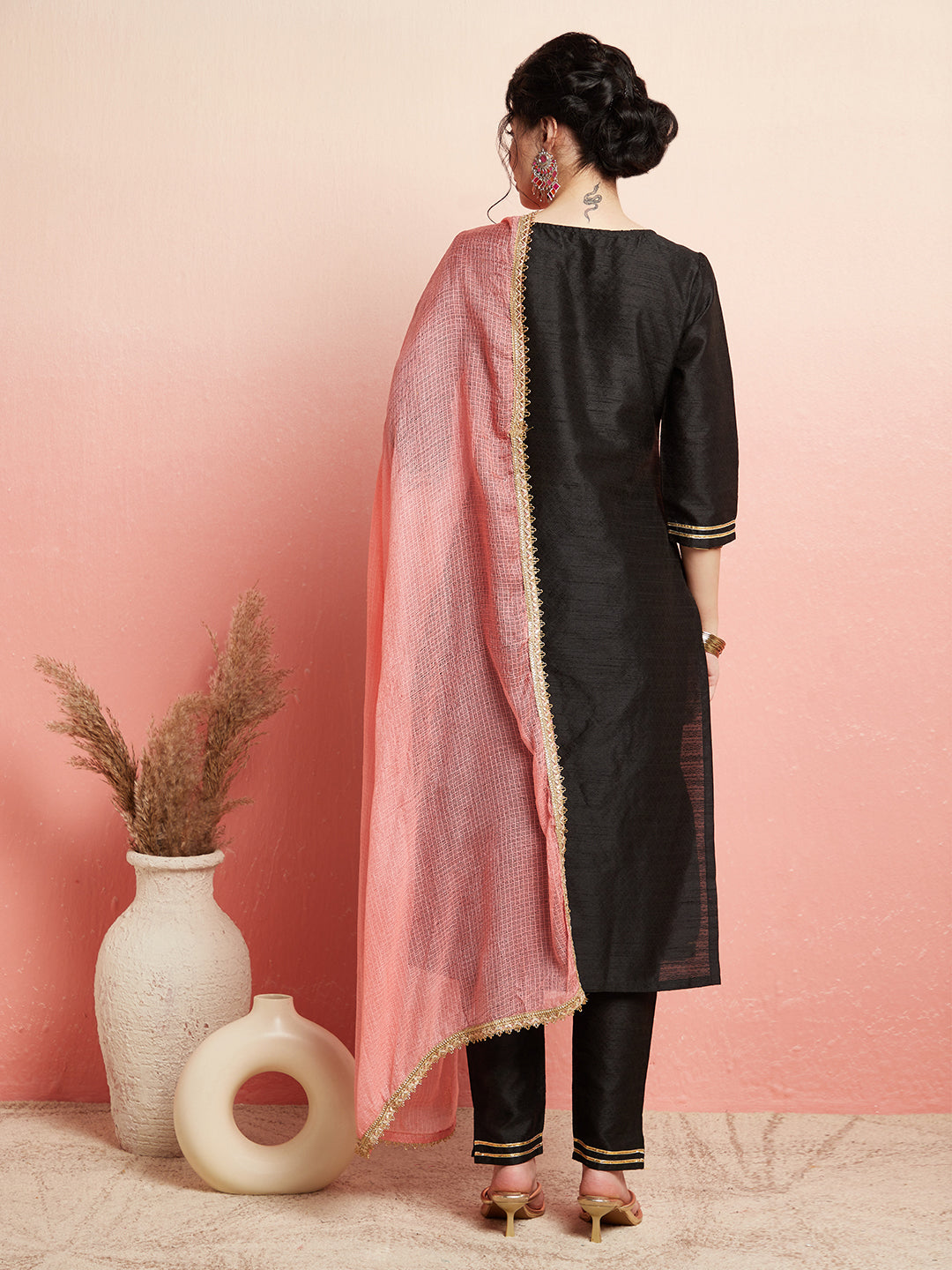 Black Embroidered Kurta Pant With Dupatta