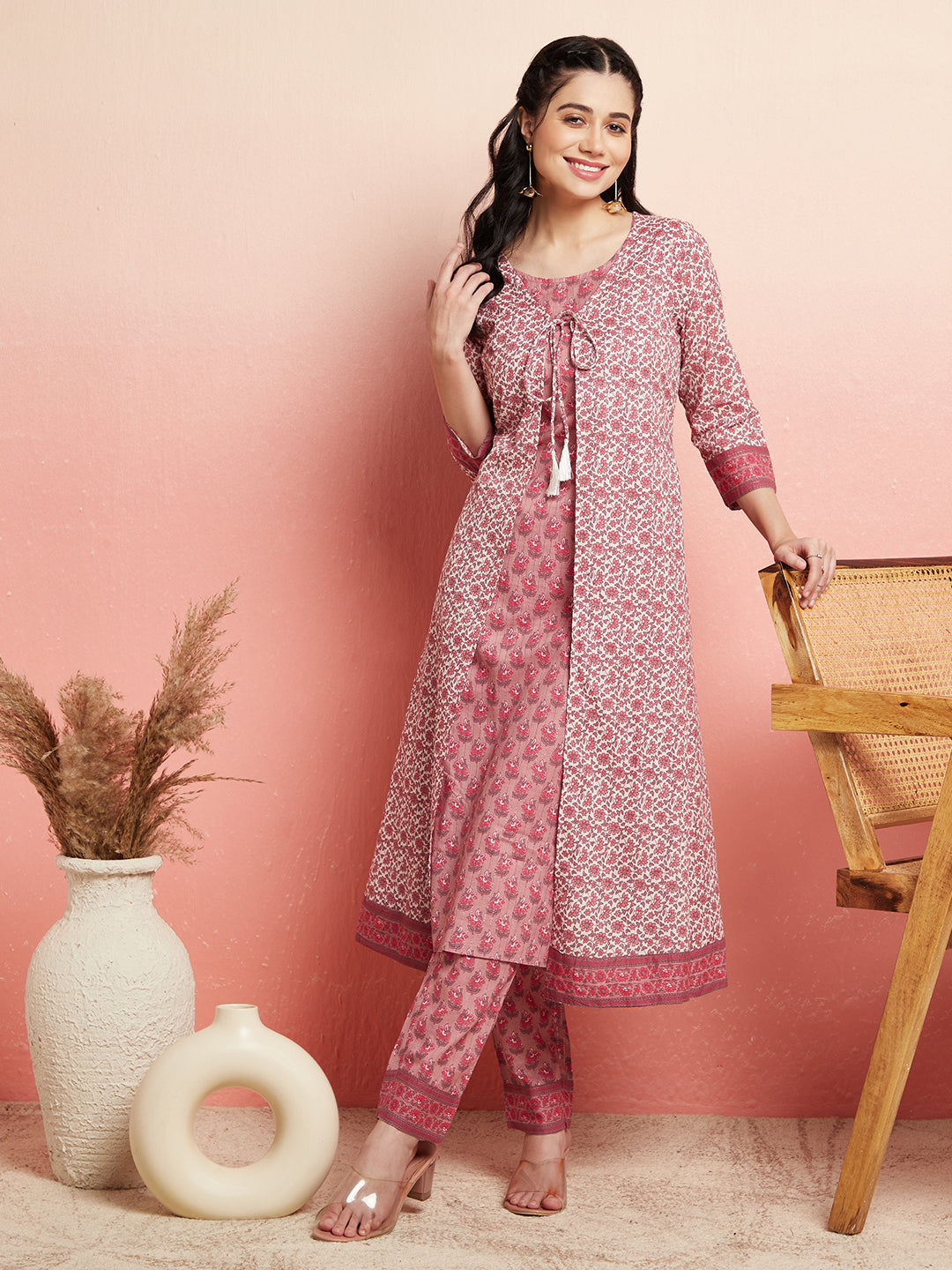 White & Pink Floral Print Kurta With Pant