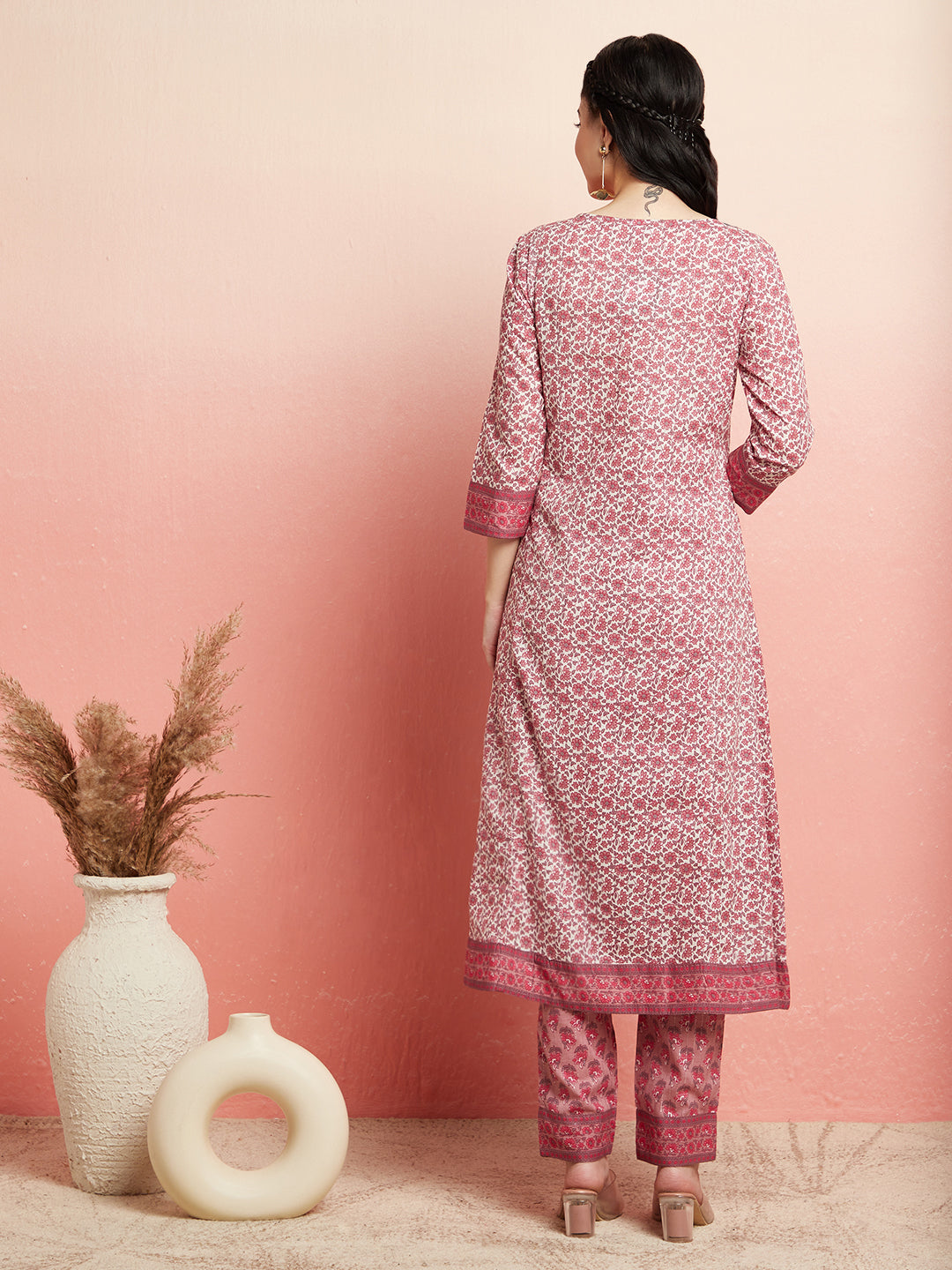 White & Pink Floral Print Kurta With Pant