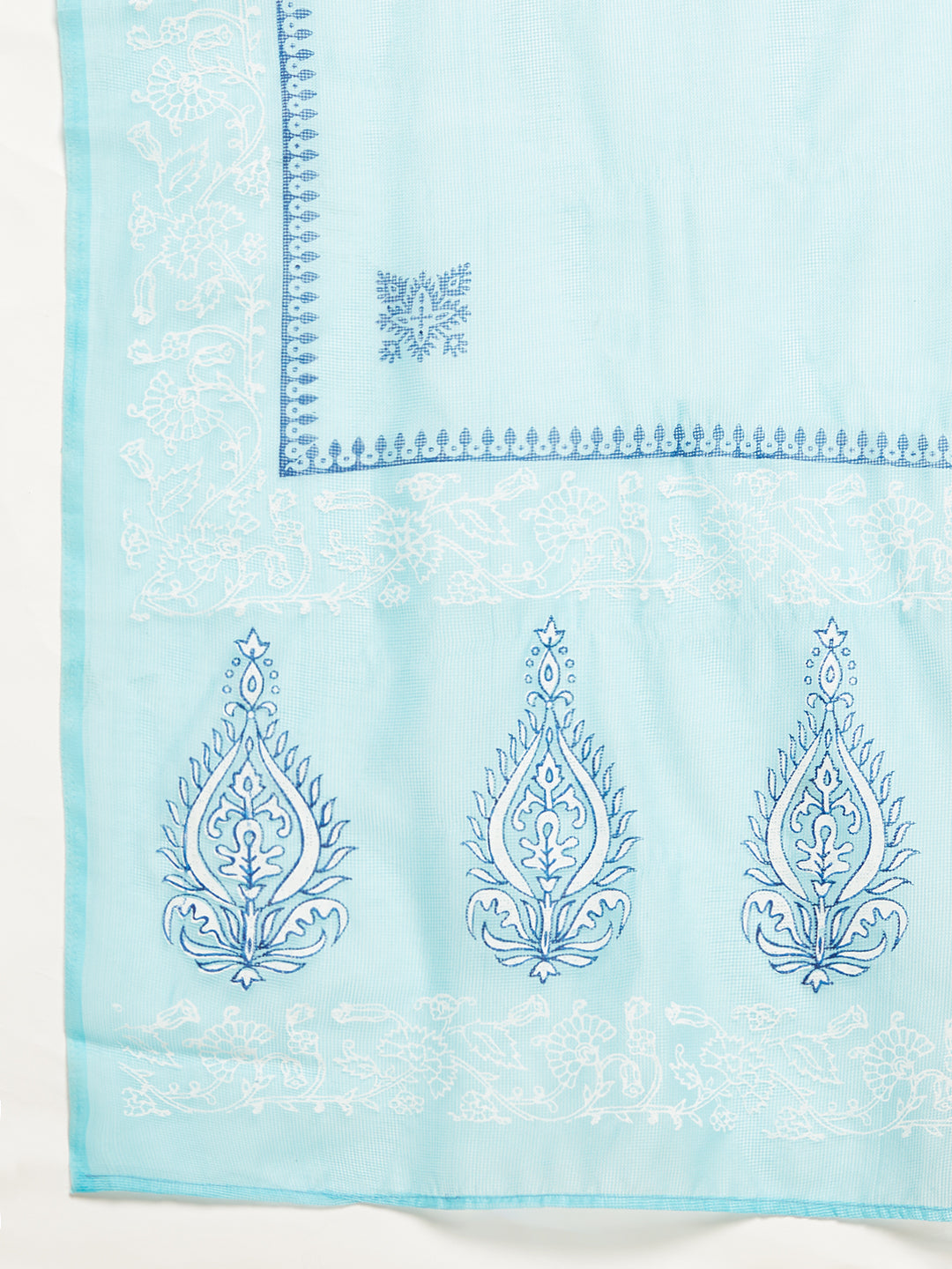 Turquoise Blue Block Print Gathered Kurta Pant With Dupatta