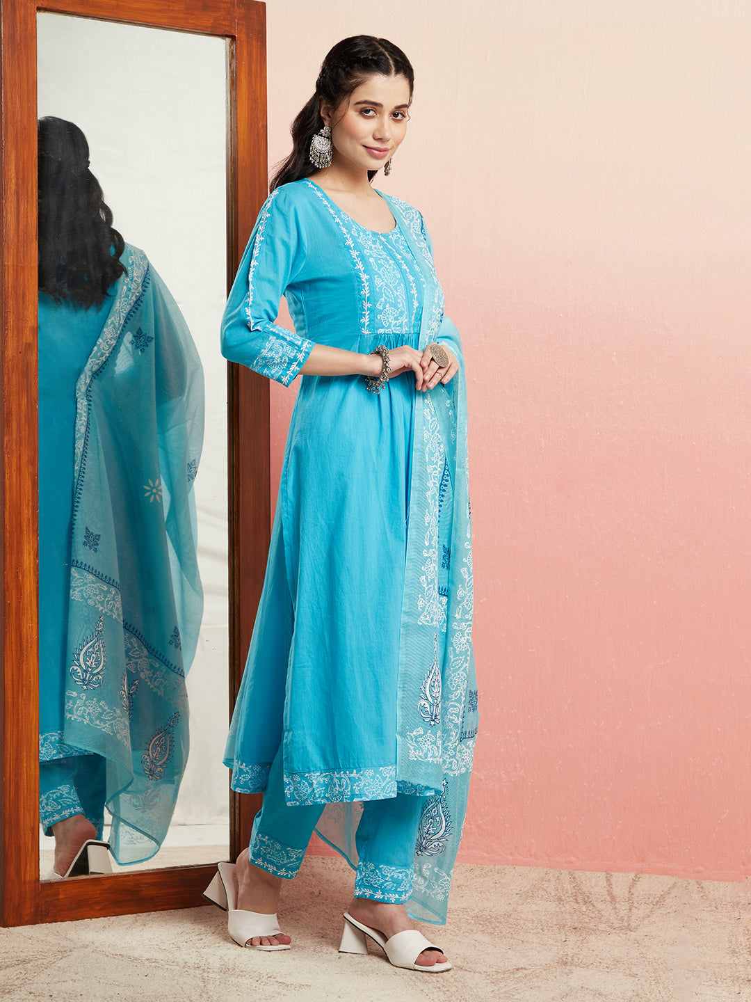 Turquoise Blue Block Print Gathered Kurta Pant With Dupatta