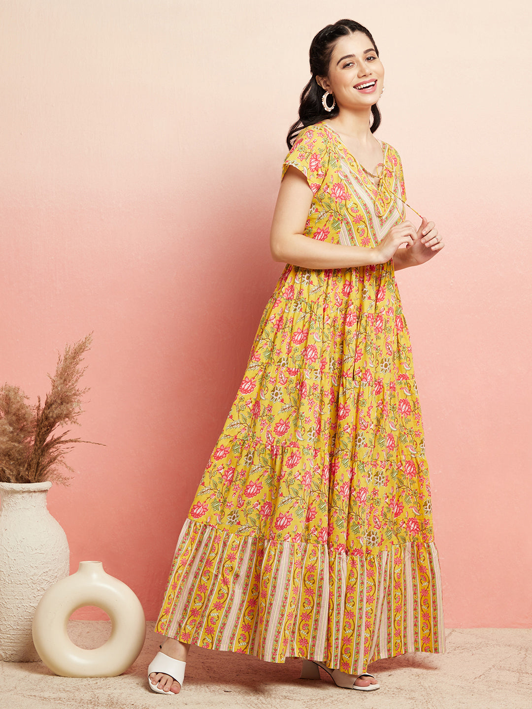 Yellow Floral Print Tiered Maxi Dress