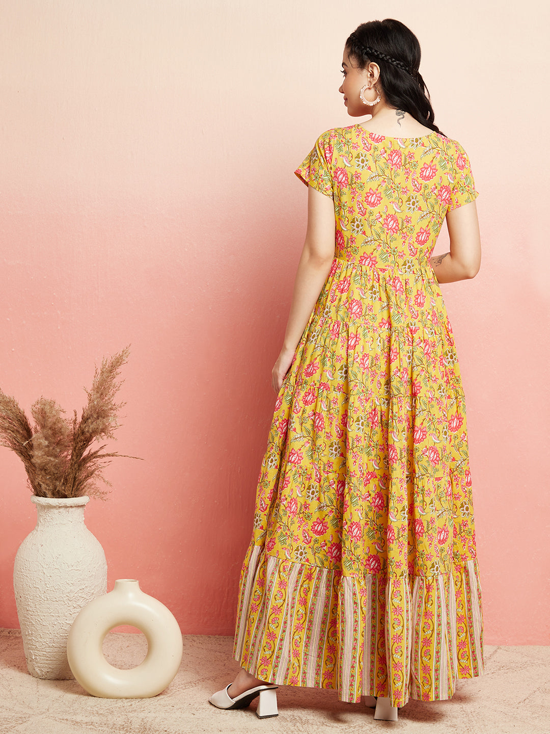 Yellow Floral Print Tiered Maxi Dress