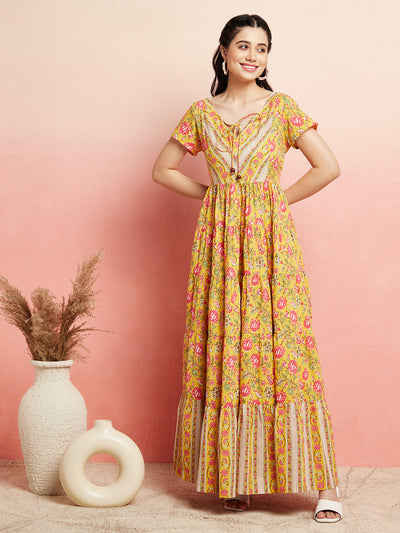 Yellow Floral Print Tiered Maxi Dress