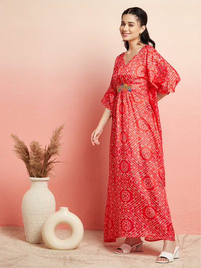 Red Bandhani Print Kaftan Dress With Lace Details