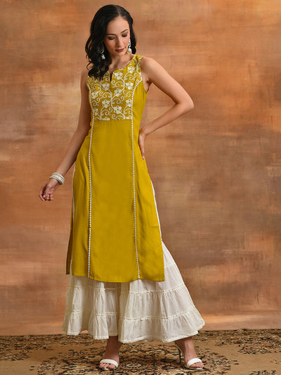 Yellow Floral Embroidered Kurta