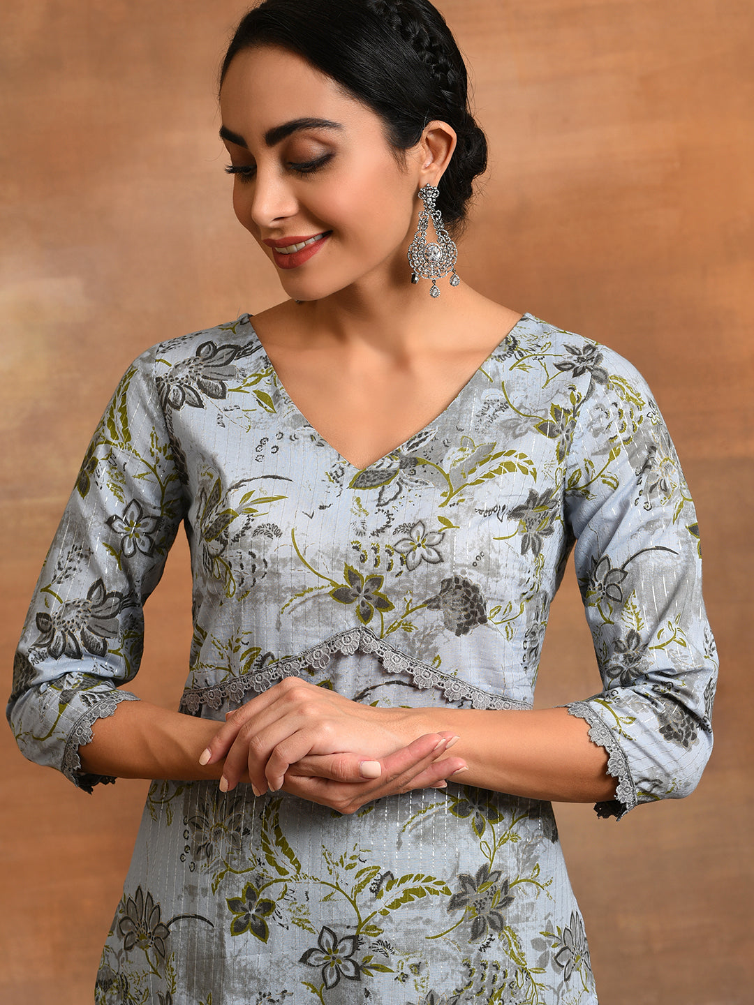 Grey Floral Print Lurex Design Kurta