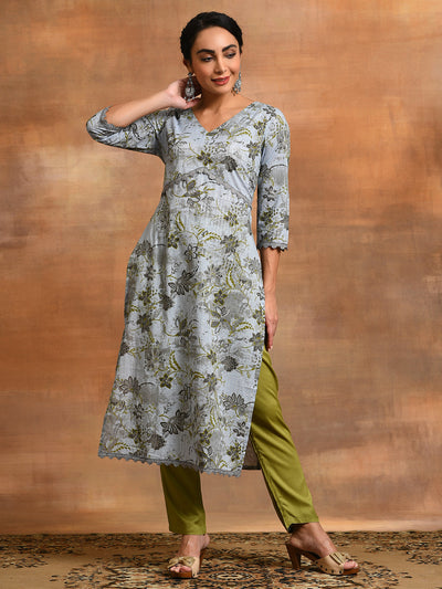 Grey Floral Print Lurex Design Kurta