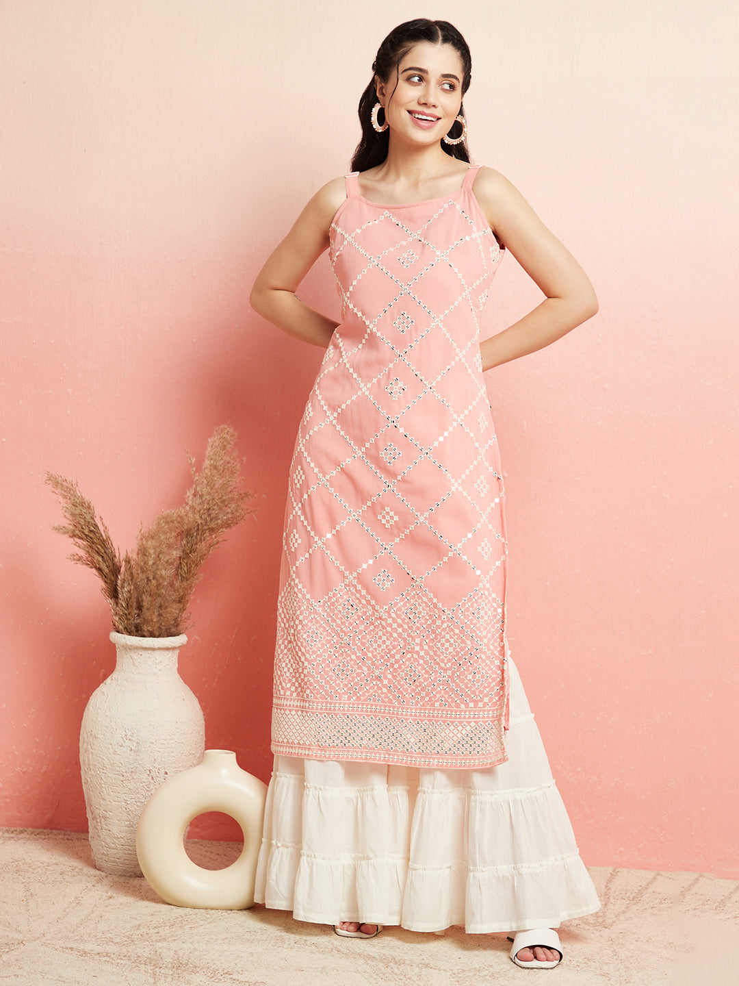 Peach Sequin Mirror Work Kurta