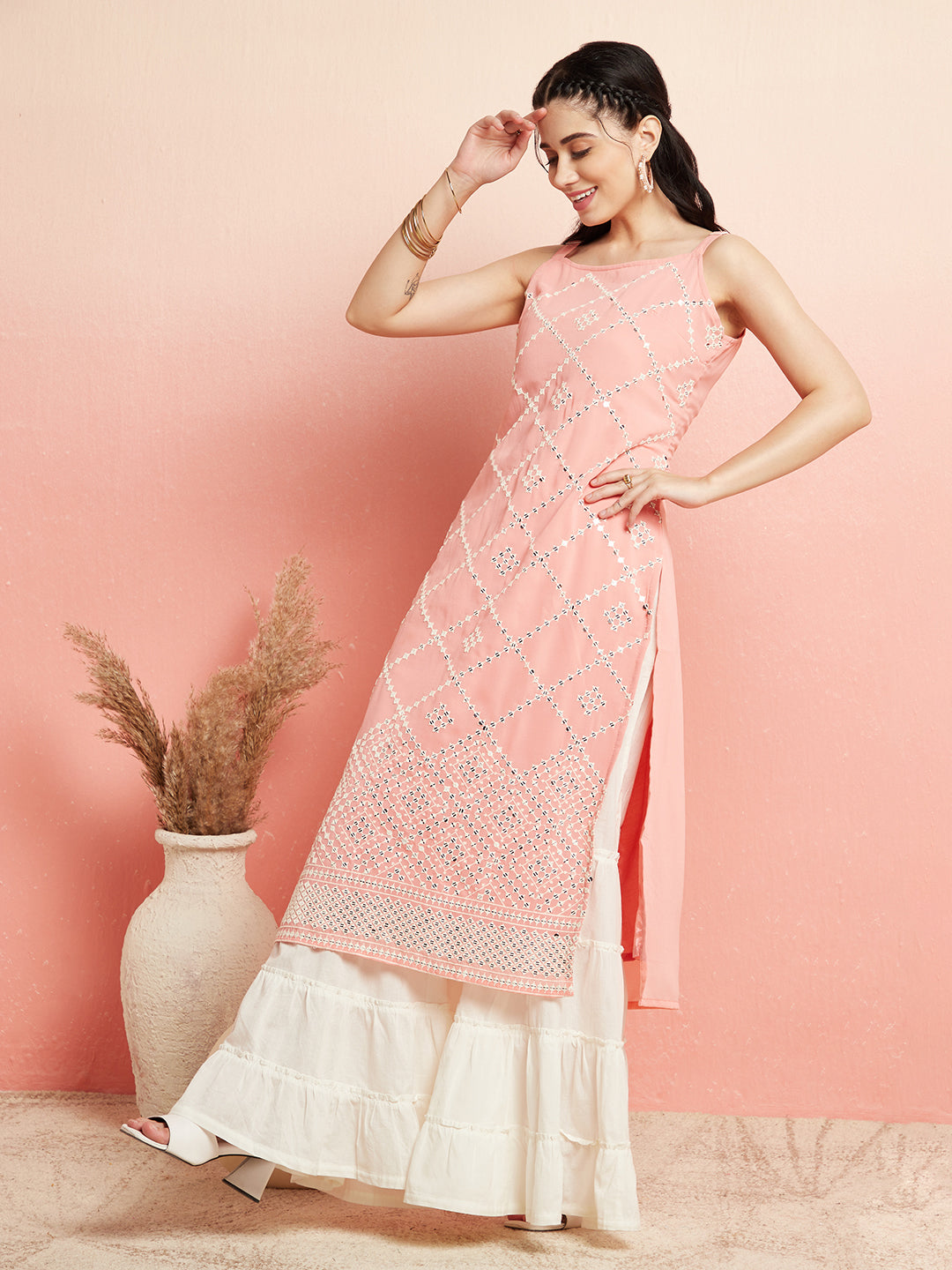 Peach Sequin Mirror Work Kurta