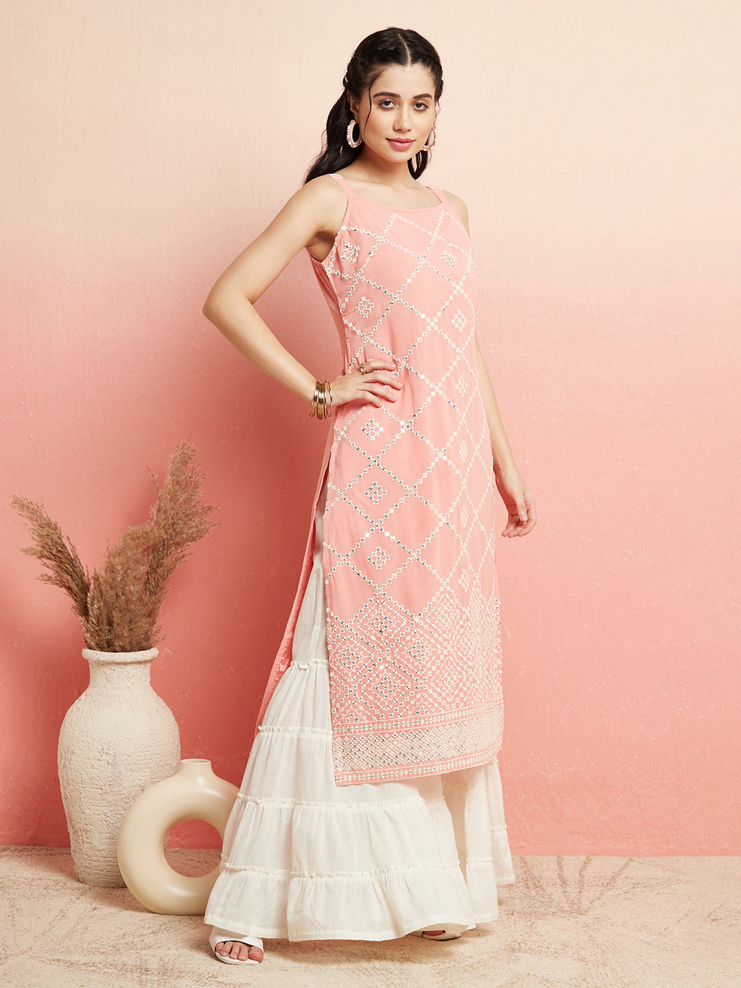 Peach Sequin Mirror Work Kurta