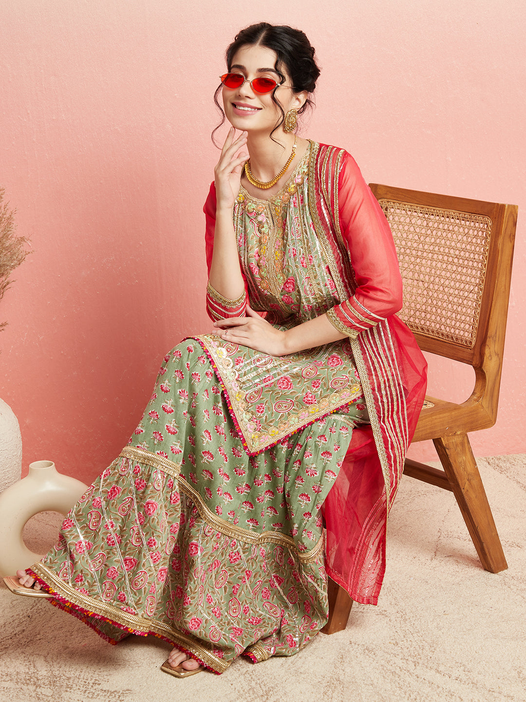 Green Floral Print Kurta Skirt With Jacket