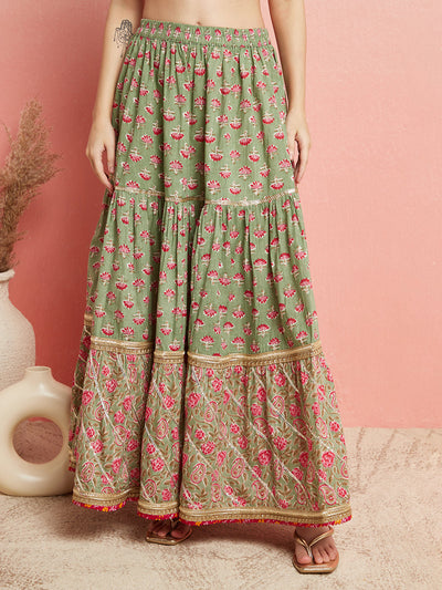 Green Floral Print Kurta Skirt With Jacket