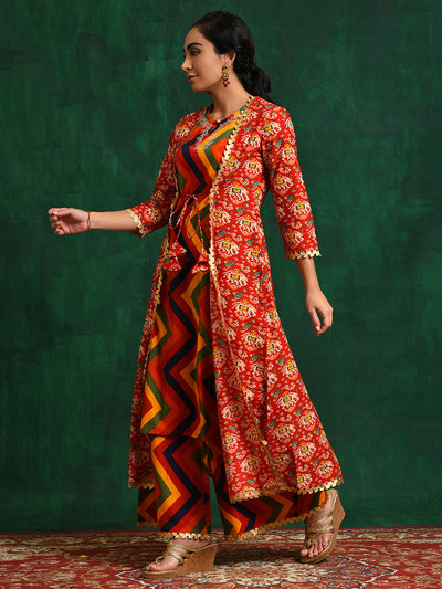 Red Chevrons A-Line Kurta Palazzo With Jacket