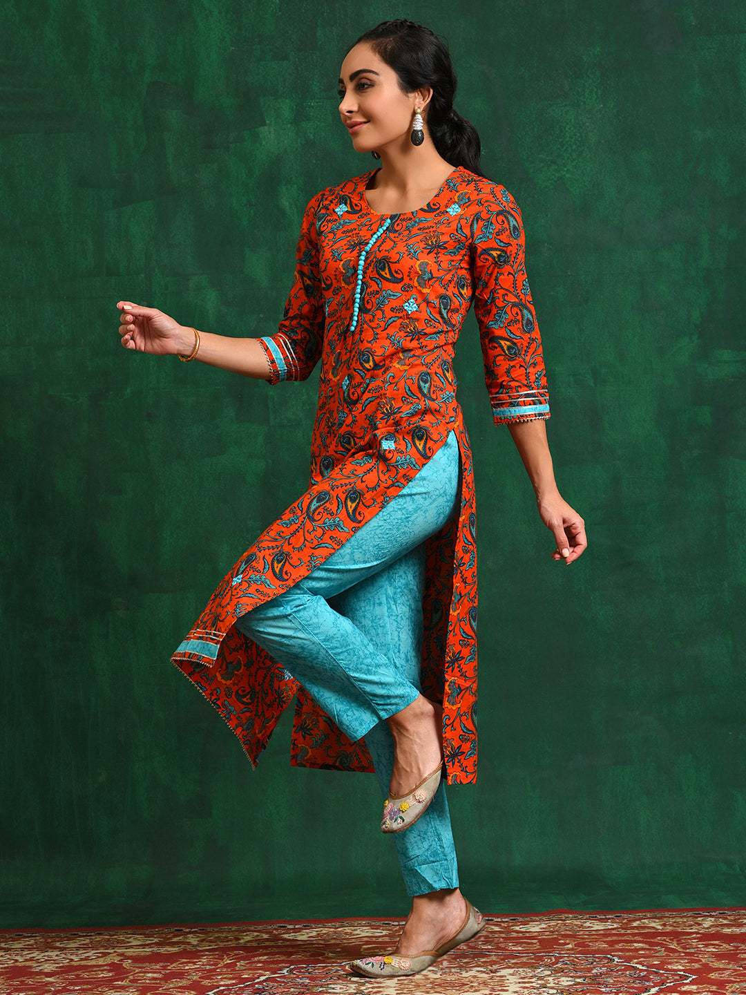 Red Floral Straight Kurta Set