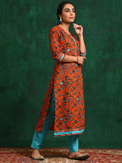 Red Floral Straight Kurta Set