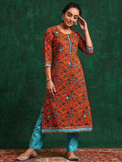 Red Floral Straight Kurta Set