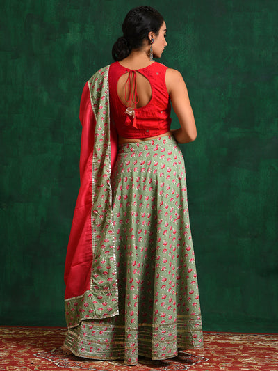 Sea Green Floral Print Lehenga Choli With Dupatta