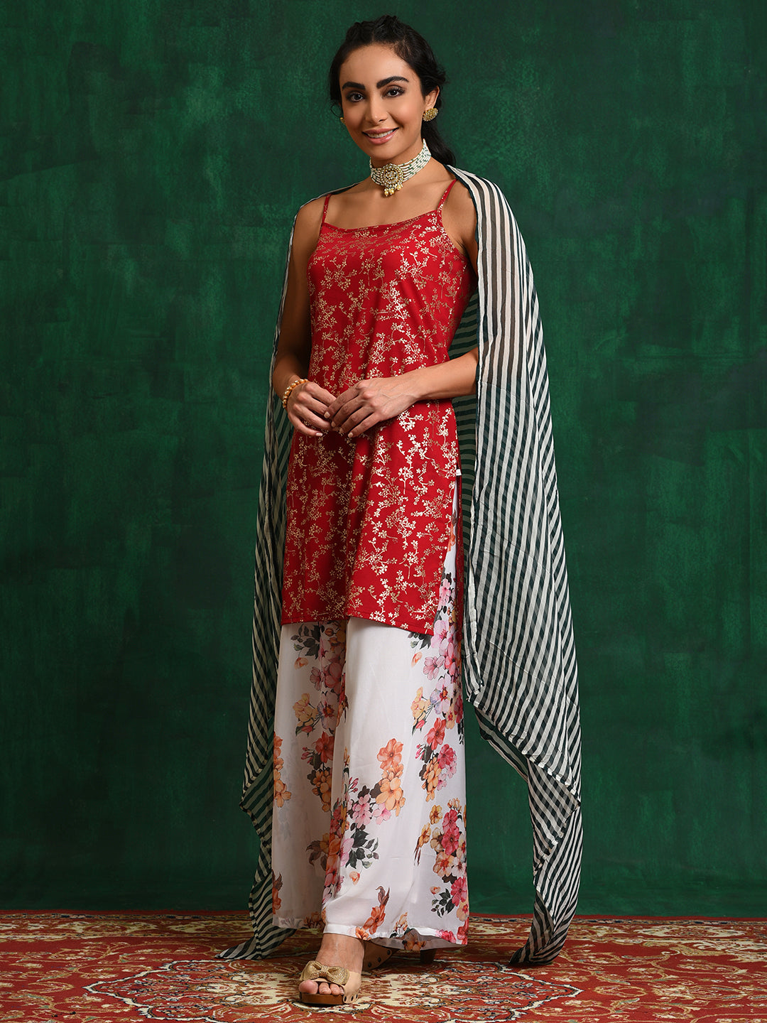 Red Floral Foil Print Kurta Palazzo With Dupatta