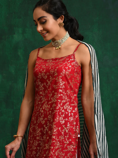 Red Floral Foil Print Kurta Palazzo With Dupatta