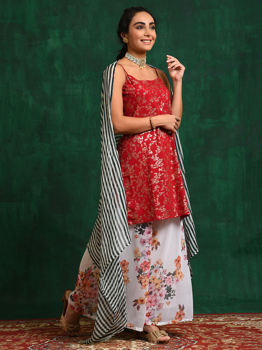 Red Floral Foil Print Kurta Palazzo With Dupatta