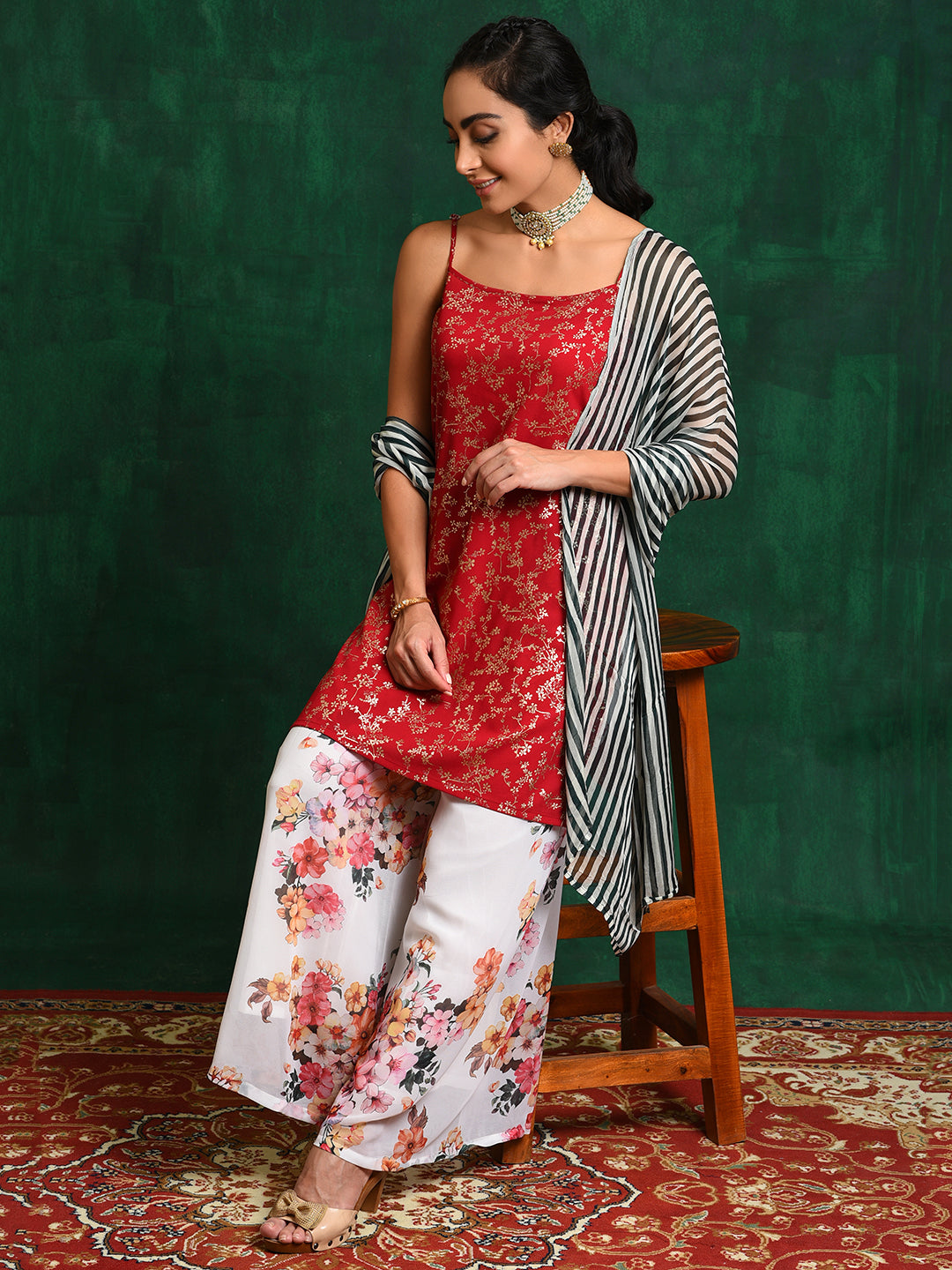 Red Floral Foil Print Kurta Palazzo With Dupatta